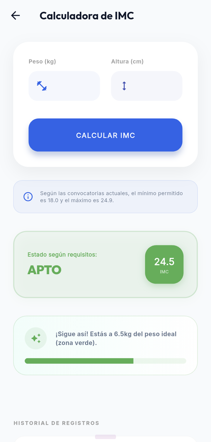 Calculadora IMC militar — resultado APTO